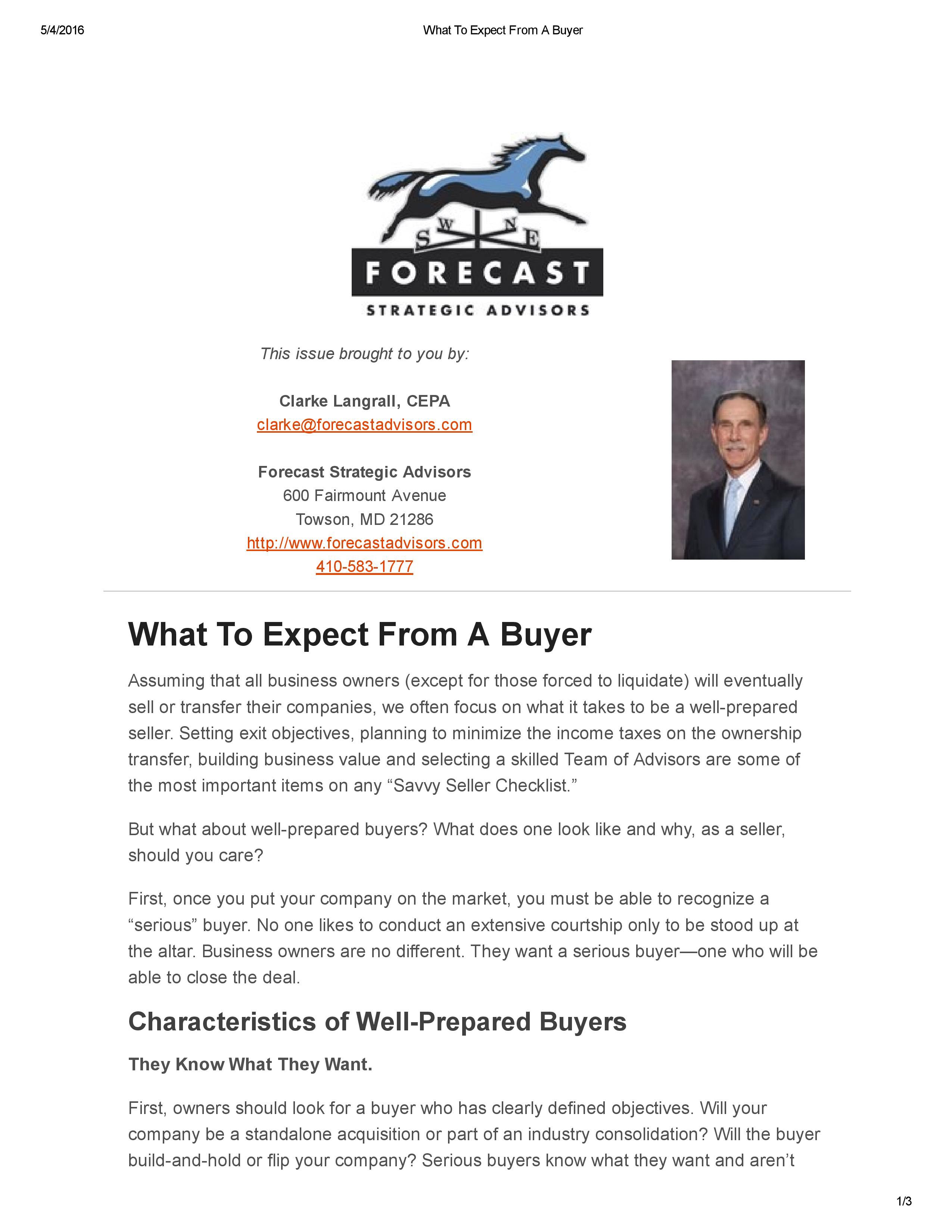 What To Expect From A Buyer_Forecast Strategic Advisors April 216 Newsletter-page-001